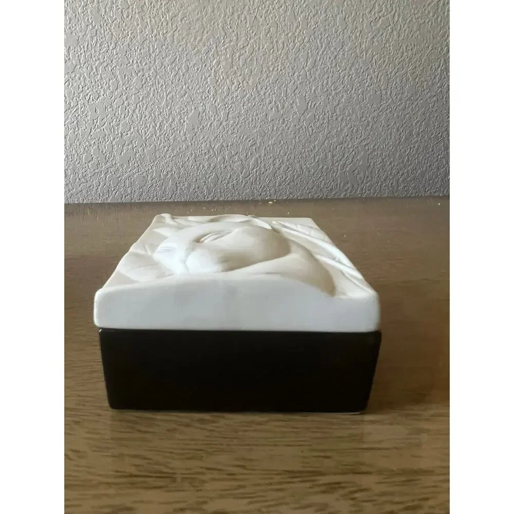 Vintage Hallmark Cat Trinket Box Bisque Porcelain 3D Black & White Cat MCM